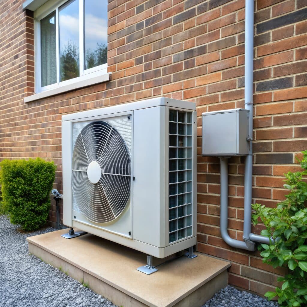 Installation of an air source heat pump at a residential home in a suburban area. Generative AI