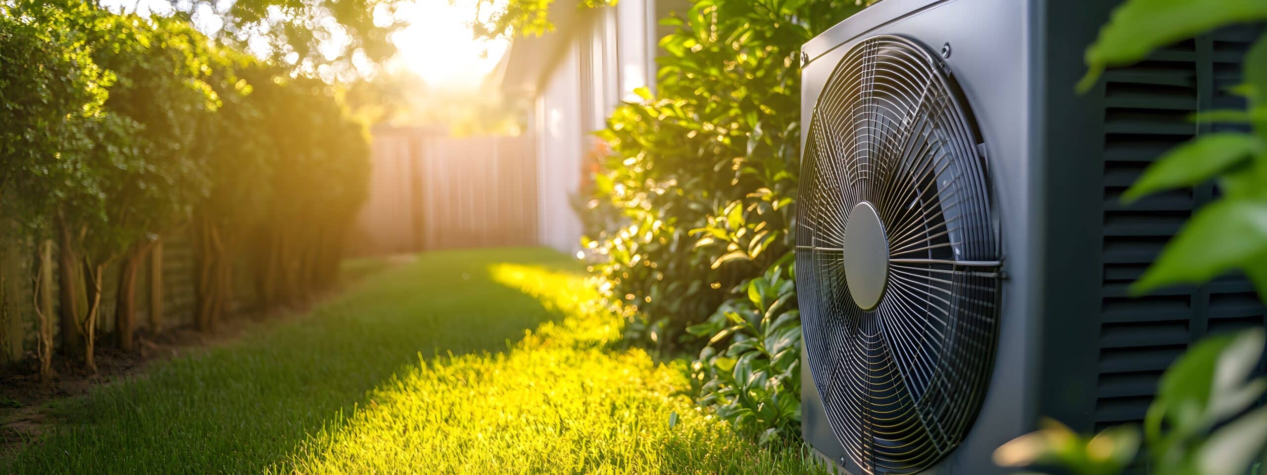 A close-up of an air source heat pump in the backyard, showcasing its energy-efficient design and modern aesthetics. The surrounding greenery adds to the eco-friendly vibe.