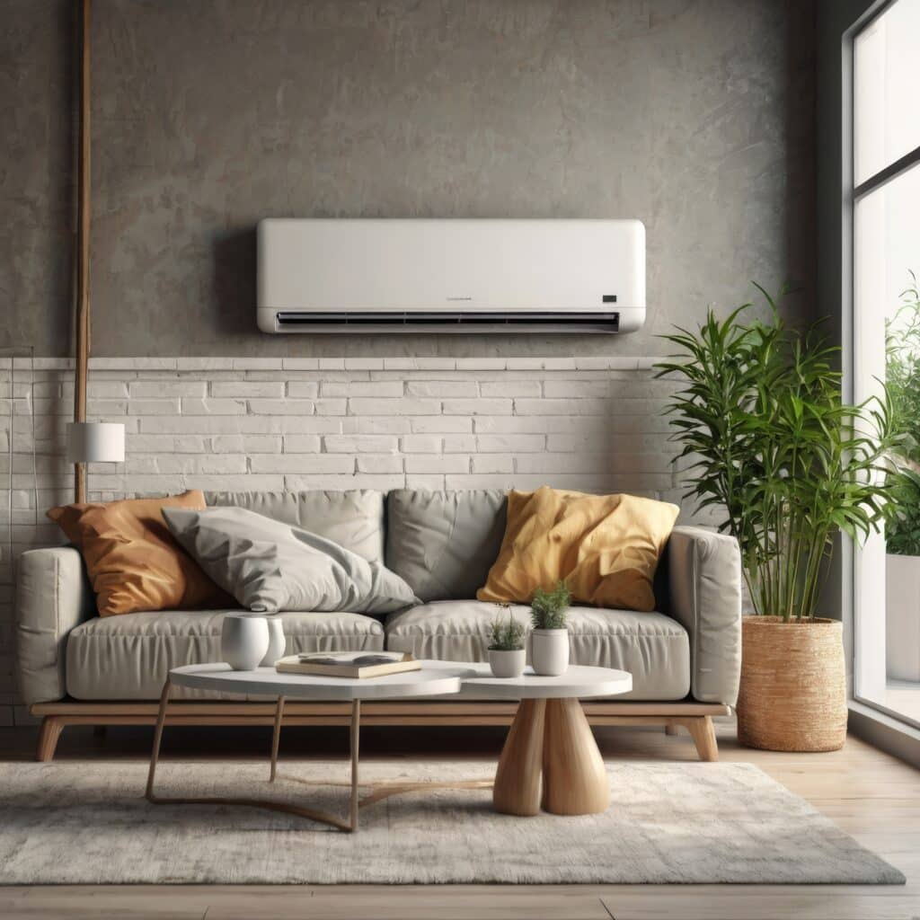 Modern bright interiors apartment with air conditioning illustration 3D rendering computer generated image