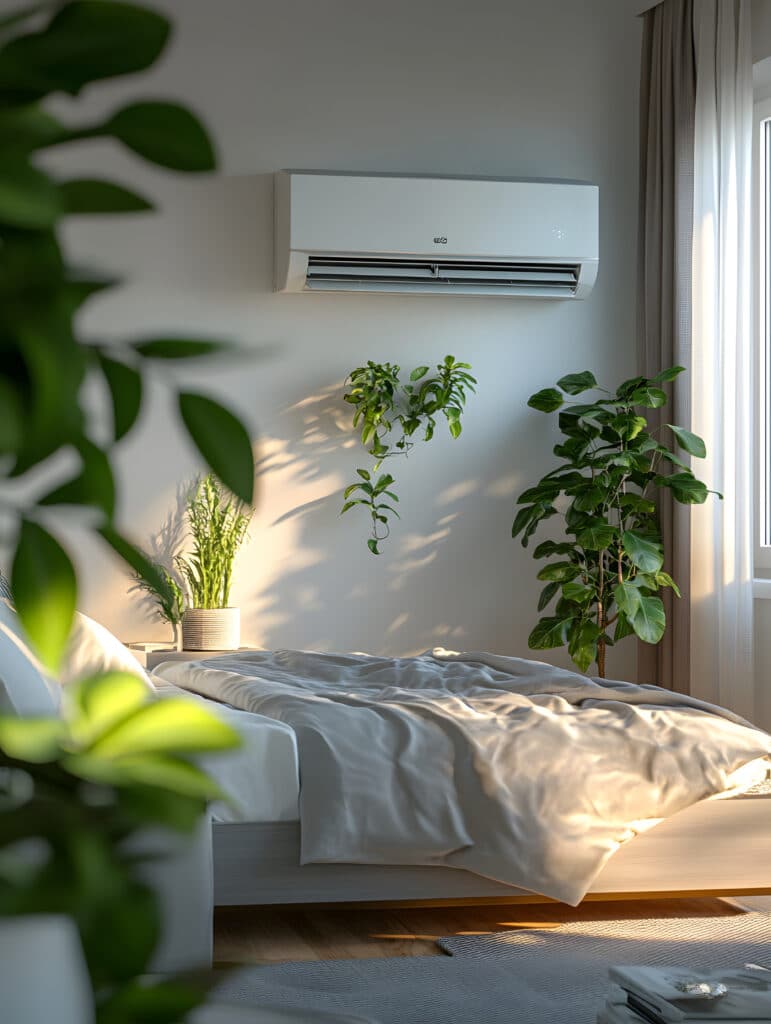 Minimalist bedroom interior with sunlight filtering through the window, featuring an air conditioning unit and indoor potted plants.